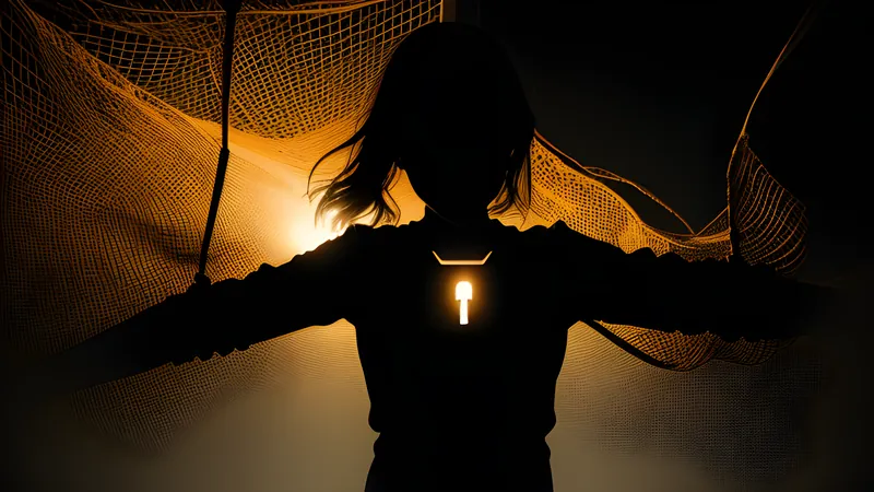 Two glowing key shapes locking together above a figure silhouette falling backward into a net of light