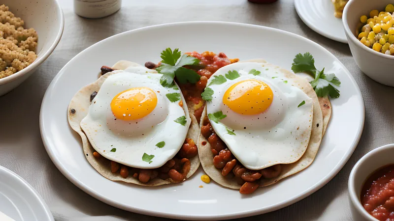 Huevos Rancheros with Charred Salsa and Refried Beans