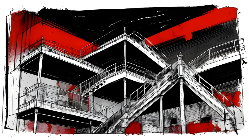 Ink illustration of a multi-floor culture house with small stages, a staircase carrying the energy between floors, crimson spot colour