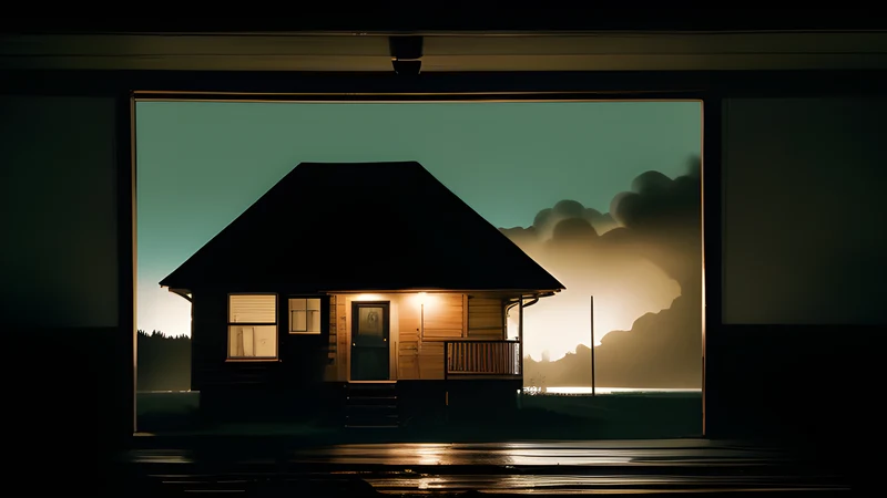 A lakeside cabin at night, warm light in the windows, a crossbow bolt buried in the front door