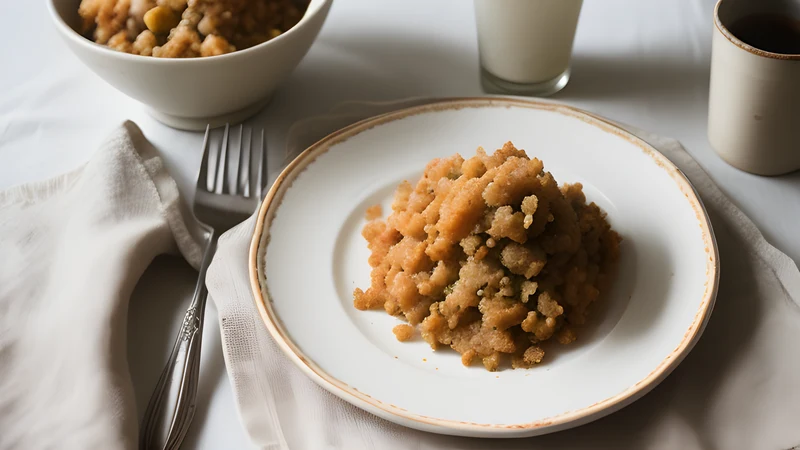 An orange-flecked mash of carrot, onion and potato in a shallow bowl with shredded braised beef and gravy