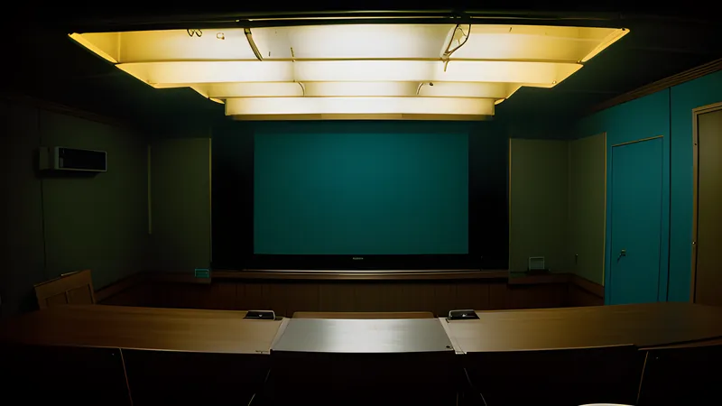 A film reel in an opened customs crate under a bare interrogation lamp, repertory cinema poster in teal and amber with heavy grain