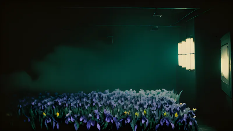 A wall covered in photographed irises, lit like a repertory cinema poster