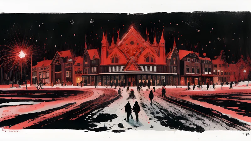 Ink-splattered map of a small snowbound city with scattered lit windows and a crowd threading between them, crimson spot colour