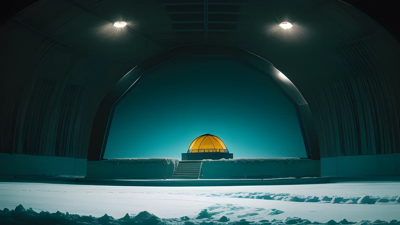 A research dome on an arctic plain beside a block of ice