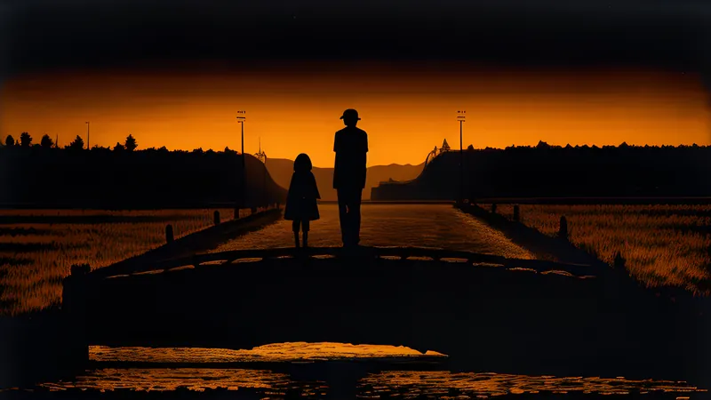 Two small silhouettes crossing a vast stone bridge, hands linked