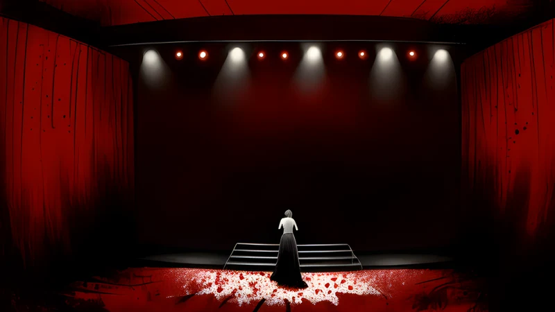 A small side-room stage tucked inside a larger hall, lit with an intimate red glow