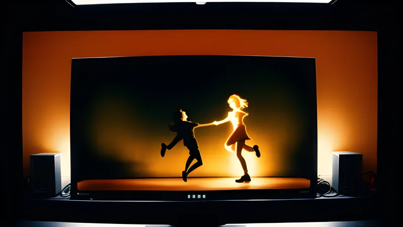 Three overlapping amber silhouettes smeared across a dark CRT, phosphor bloom and scanlines above a glowing horizon line