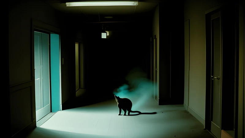 A long shadowed corridor with a cat crossing it, teal and amber light