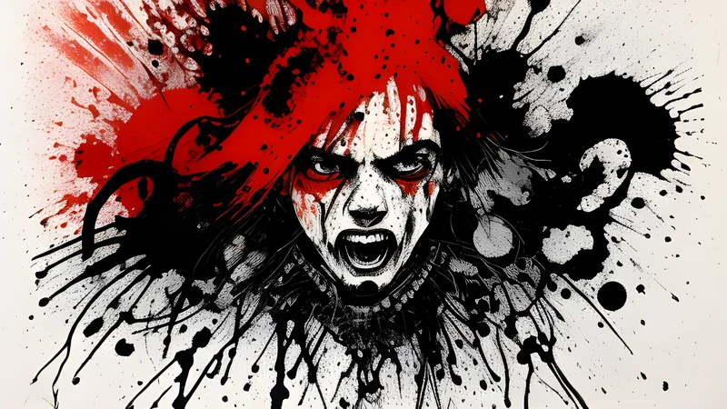 Ink-splattered figure roaring into a mic in a low concrete room, thick grooving shapes behind, crimson spot colour