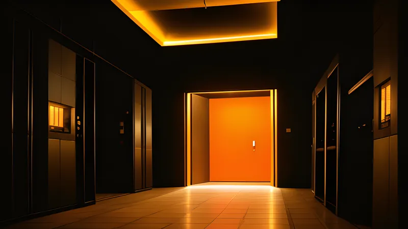 A dark lift shaft of stacked amber light bands dissolving into phosphor bloom and scanlines