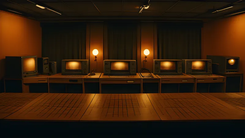 A conveyor line of finished games leaving a glowing studio, CRT tones