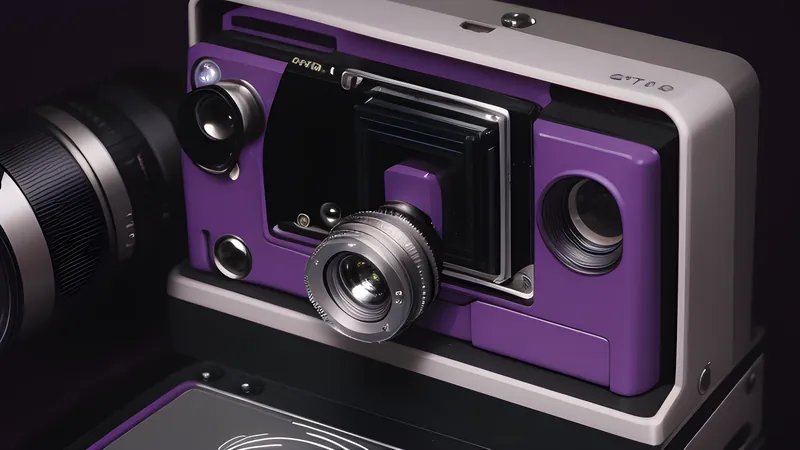 An invented boxy instant camera body cutaway showing a lens, a film-roll cavity and a small internal gear