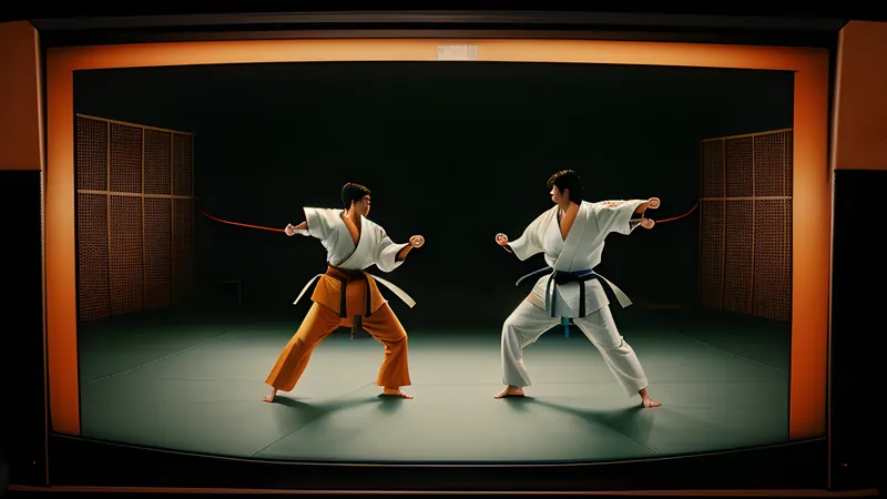 Two karateka bowing to each other on a painted tournament stage under warm phosphor light