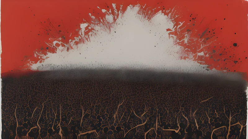 A death-metal crowd and banners packed into a city square in Leeuwarden, ink-splatter illustration with a crimson hot spot.