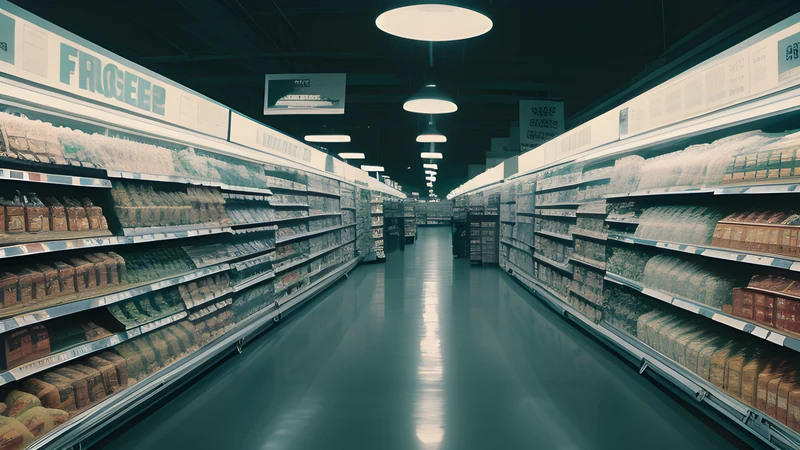 A long supermarket aisle after closing, lit by a single strip light, shelves receding into darkness