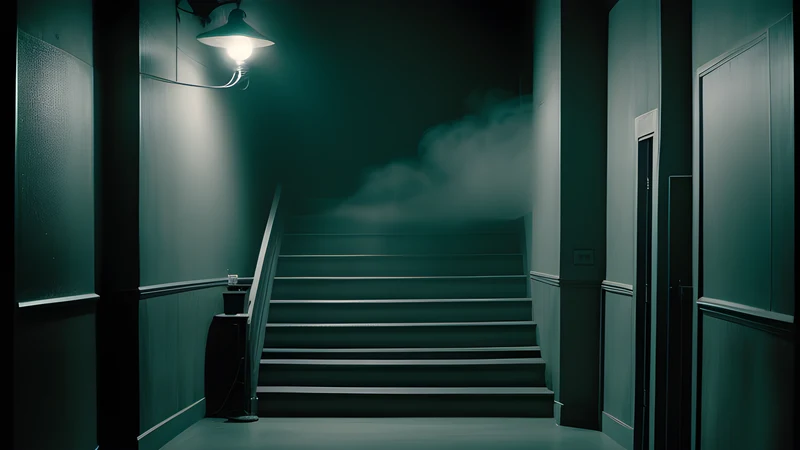 A wide marble staircase inside a police headquarters, hard shadows, teal and amber