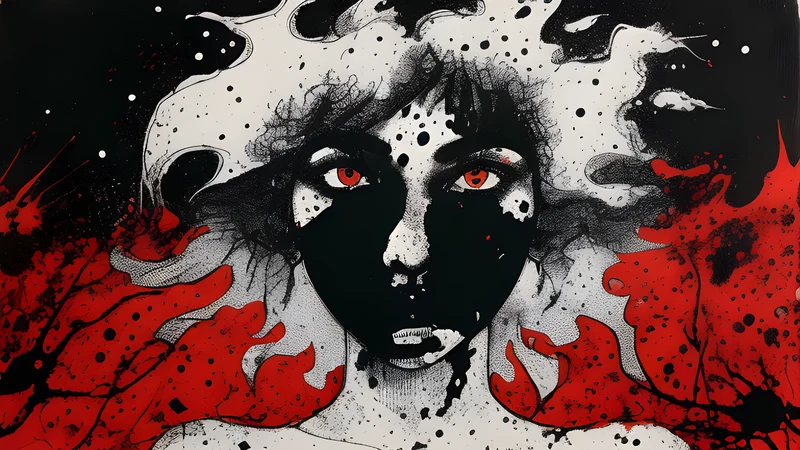 Ink-splattered figure reaching upward against a vast starfield and mountain horizon, crimson spot colour