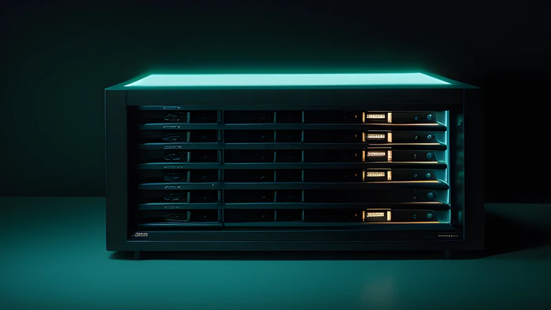 A dusty rack-mount server in darkness with one management port still glowing green