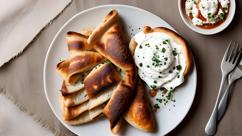 Sliced döner lamb fanned over cubes of pide bread with tomato sauce, browned butter and a spoonful of strained yoghurt