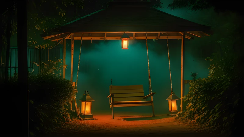 A jungle compound gate lit by a single swinging lantern, deep shadows beyond the bars