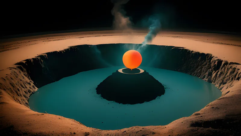 A desert crater at night holding a faintly glowing sphere, dust hanging in the air