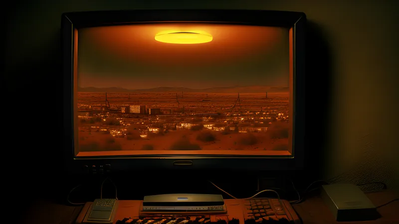 A desert horizon under a bleached sky, dissolving into burnt-orange CRT phosphor glow, scanlines and heavy grain
