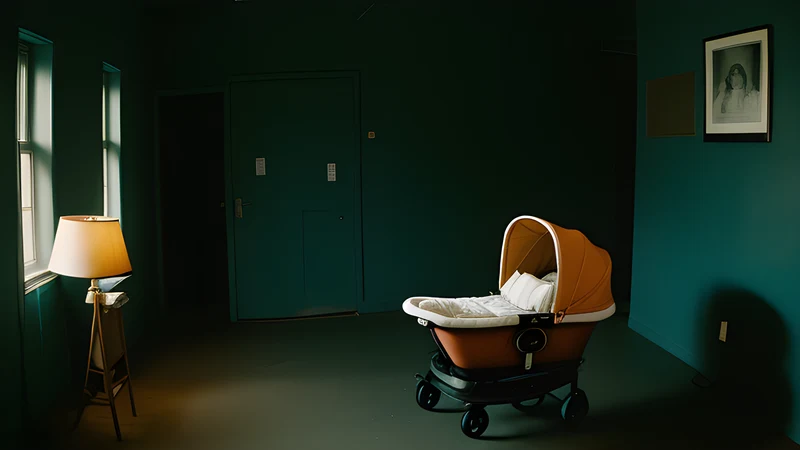 An empty maternity ward at night with an overturned bassinet, teal and amber shadows and heavy grain