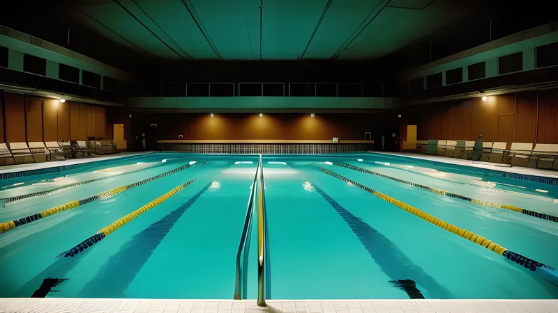 An empty swimming pool at night with rippling light on the walls and something implied offscreen