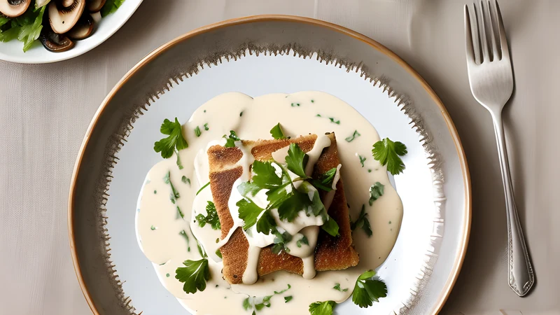 A golden breaded pork schnitzel half-covered in a dark mushroom cream sauce, parsley scattered on top