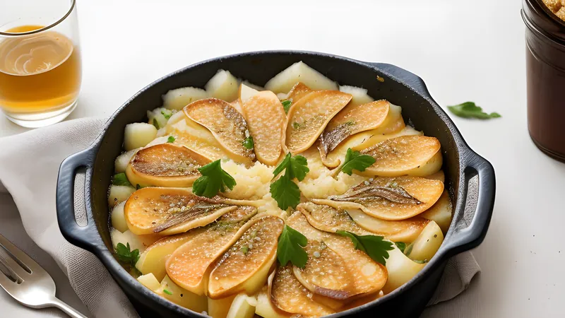 A bubbling potato gratin in a white dish, browned on top, with a corner spooned out