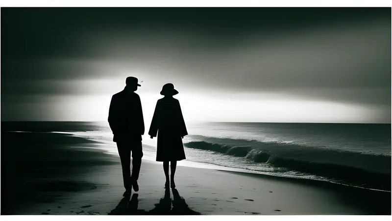 A grandfather clock standing on an empty beach with two pale figures walking toward the sea, teal and amber repertory poster style