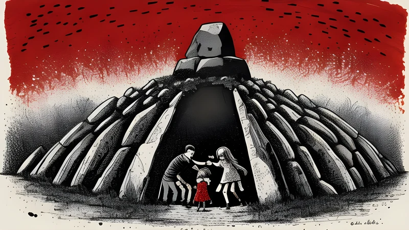 A field festival stage beside ancient rune-stone burial mounds with a family crowd
