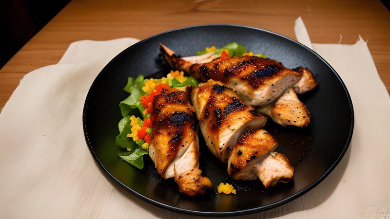 Charred, dark-glazed jerk chicken pieces on a grill with scorched Scotch bonnet and thyme