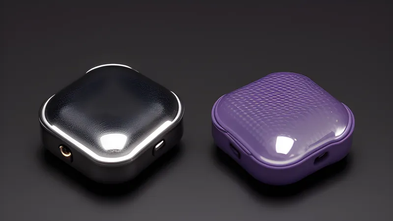 Two invented plastic-shelled earbud cases side by side, one glossy, one matte rubberised texture