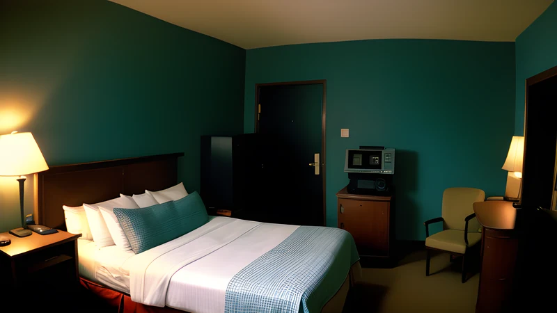 A hotel room strung with cables around a courier's locked metal case