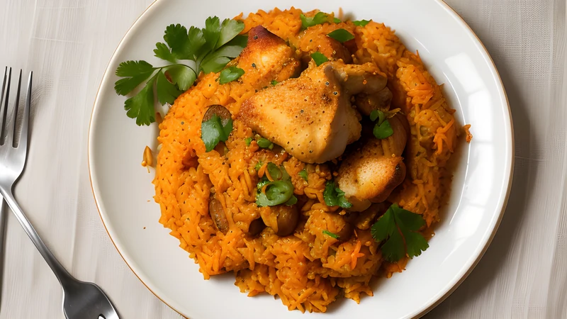 A pot of deep-red smoky jollof rice topped with fried plantain and roast chicken