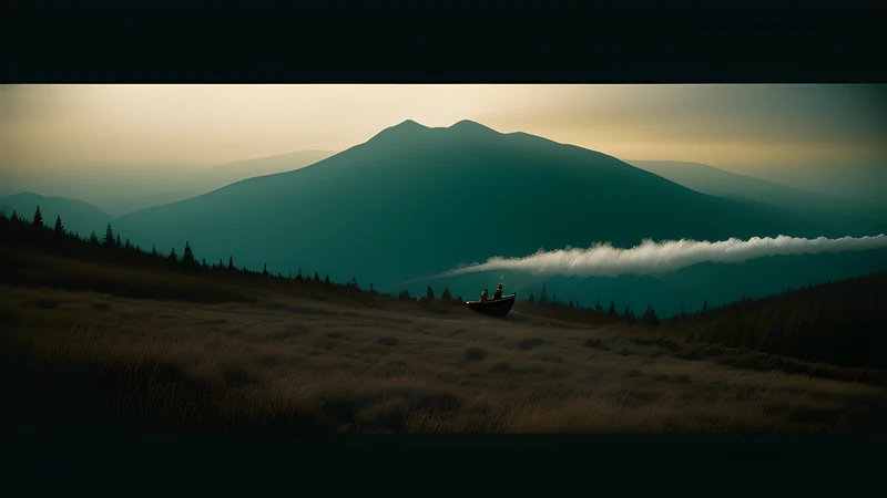 A high mountain overlook above an endless conifer treeline at dawn, a beached canoe on the rocks below