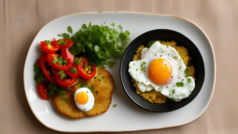 A pile of finely chopped fried potato, pepper and tomato kafteji topped with a fried egg, stuffed into bread