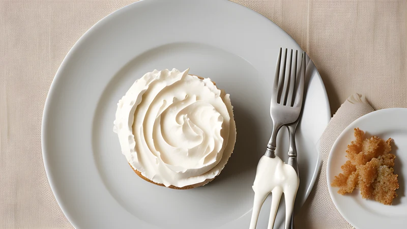 A shallow white dish of thick pale kajmak with a spoon lifting a folded layer