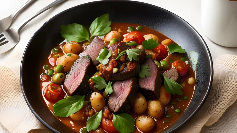 A pot of kaldereta, beef braised in red tomato sauce with potatoes, carrots and olives