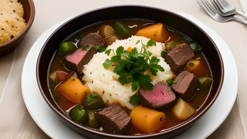 A pot of dark beef stew with carrots and whole allspice berries, beside boiled potatoes and pickled beetroot