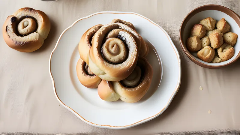 Knotted cinnamon buns on a baking tray, glossy with syrup and scattered with white pearl sugar