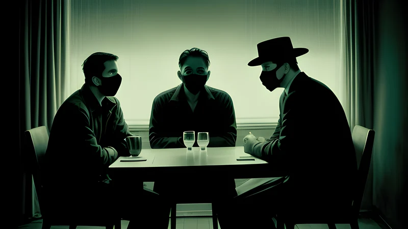 Three masked men seated at a table in a dim room, hats on, faces covered