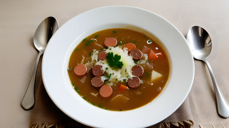 A dark red-brown soup of shredded sauerkraut with slices of smoked sausage, mushrooms and a swirl of soured cream