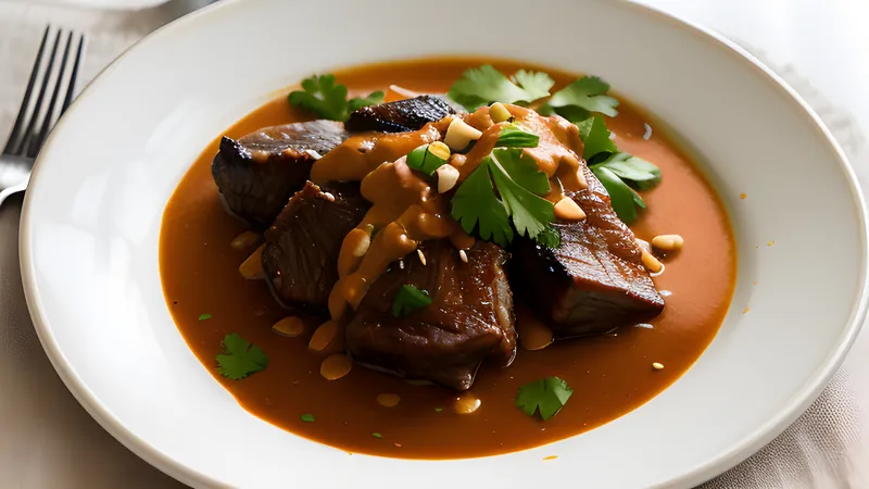 A clay pot of kare-kare with oxtail, aubergine and bok choy in thick peanut sauce