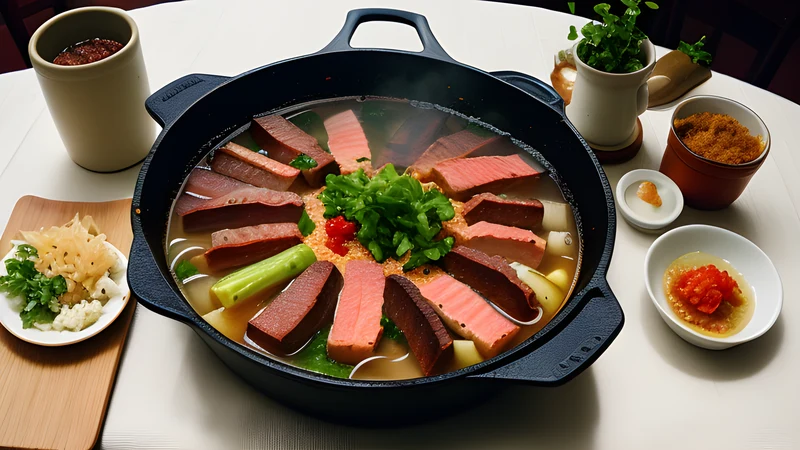 A cast-iron pot of dark braised meat and onions with allspice berries, lid tilted, on a scorched linen cloth