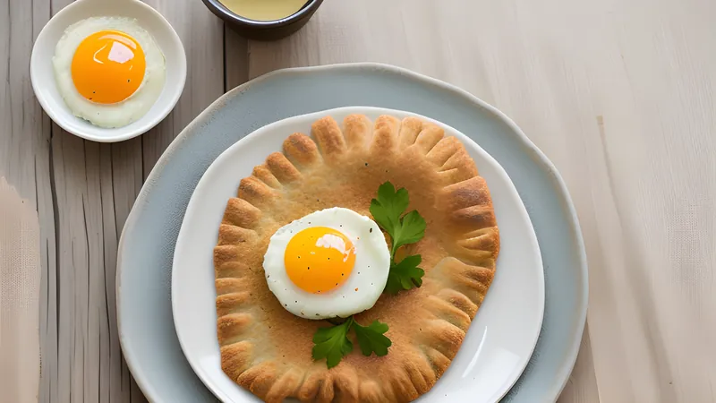 Oval rye pasties with crimped edges and pale rice filling, one topped with chopped egg butter
