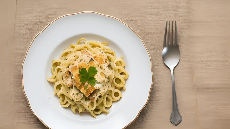 A cast-iron dish of cheesy spätzle noodles topped with a heap of dark fried onions and chives
