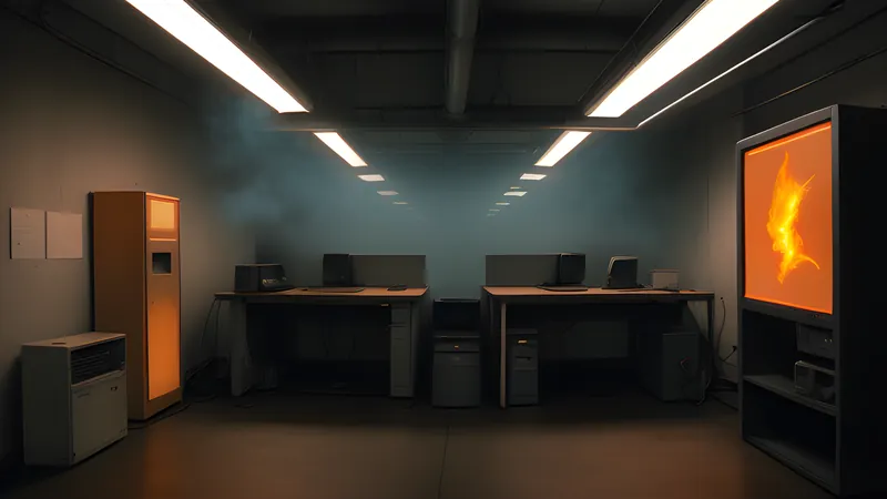 A single frozen blade-flash lit in a smoke-filled neon office corridor, rendered in amber CRT glow
